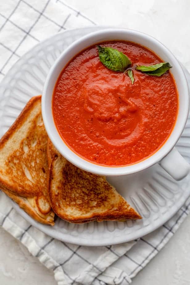 5 ingredient tomato soup with grilled cheese on the side