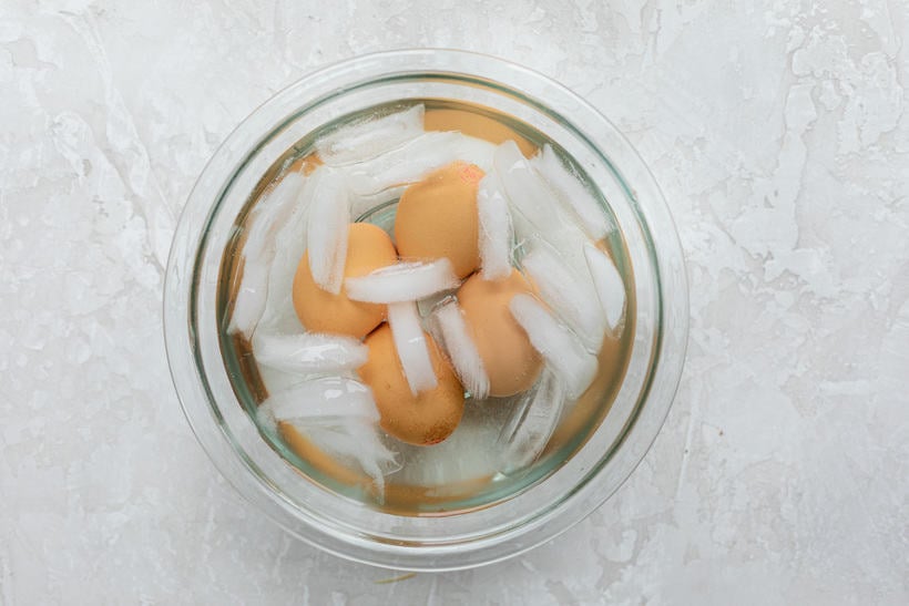 Ice water bath for the cooked eggs