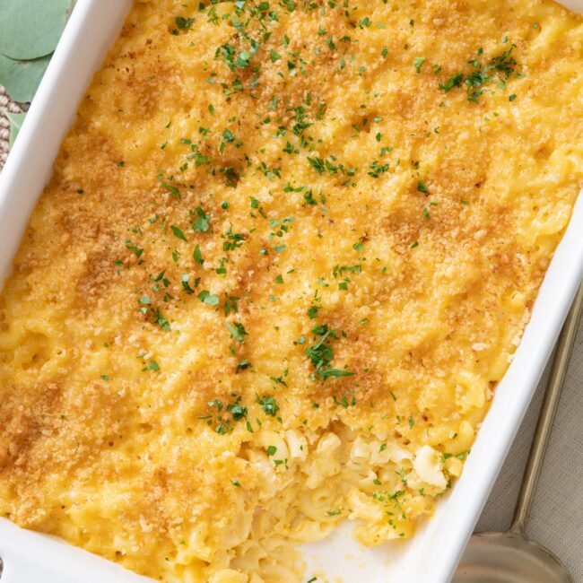 Large baking dish of baked macaroni cheese with breadcrumb topping, fresh herb garnishing, a serving spoon next to it with a scoop removed from dish.