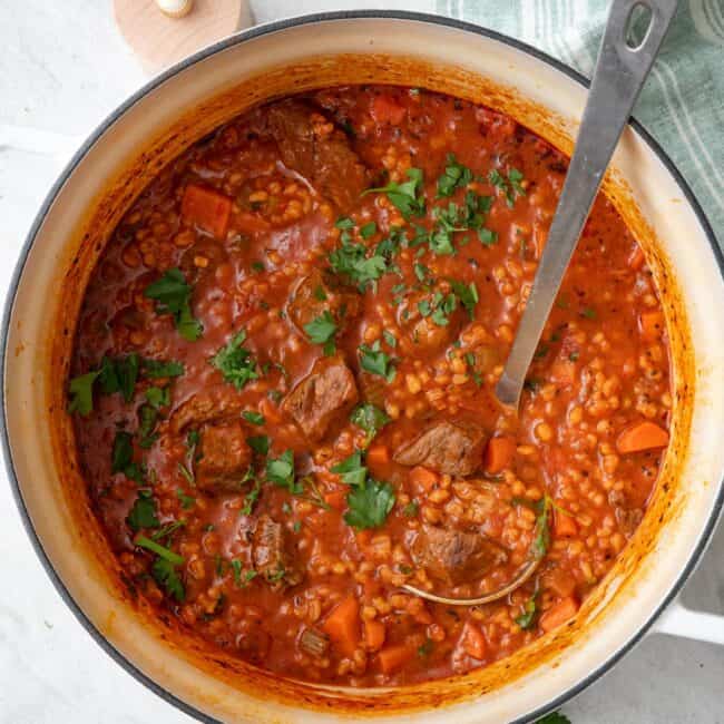 Pot of beef barley soup garnished with parsley with a ladle dipped in.