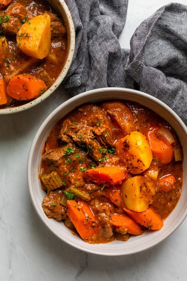 Beef stew served in two bowls