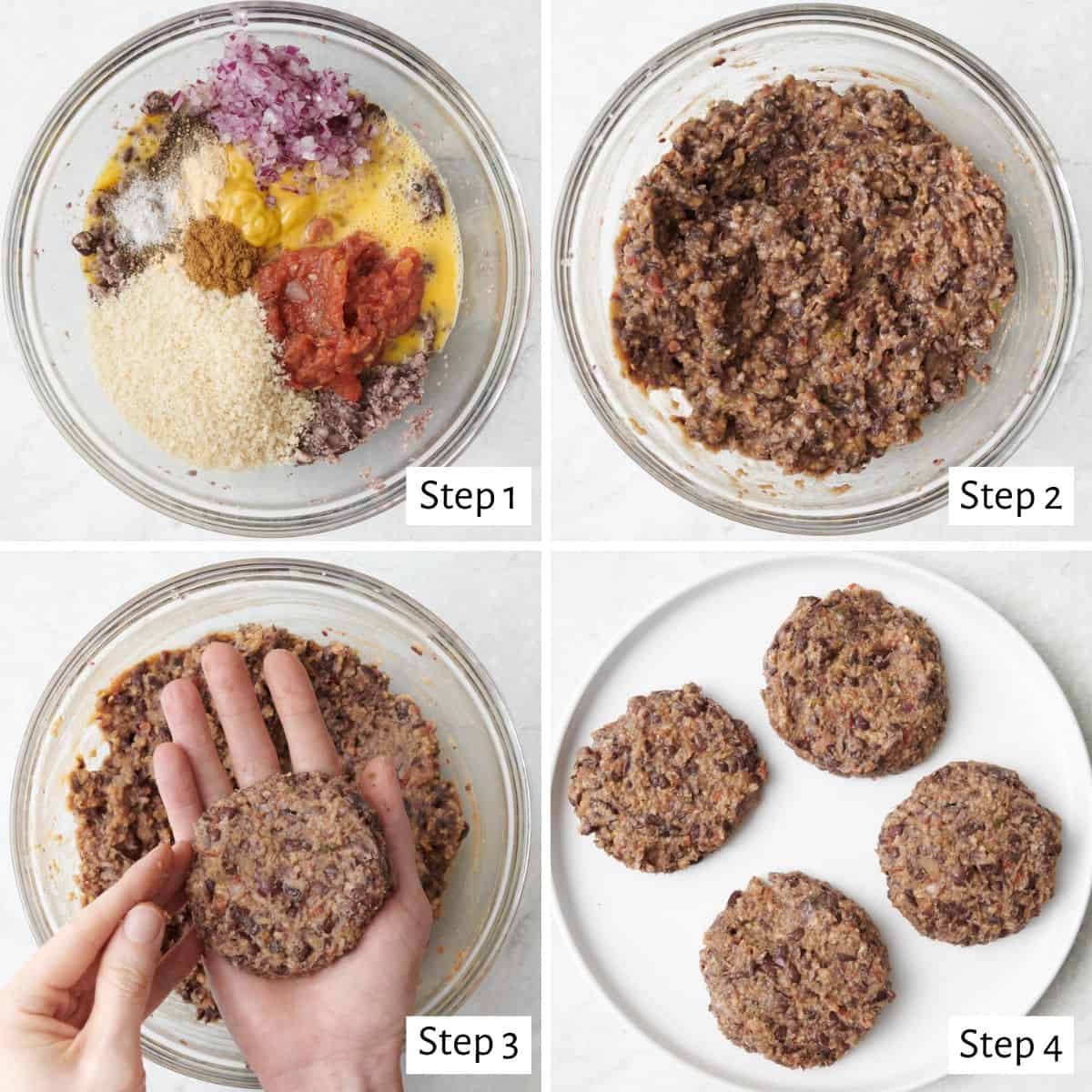 Collage showing all the ingredients in a bowl before and after mixing