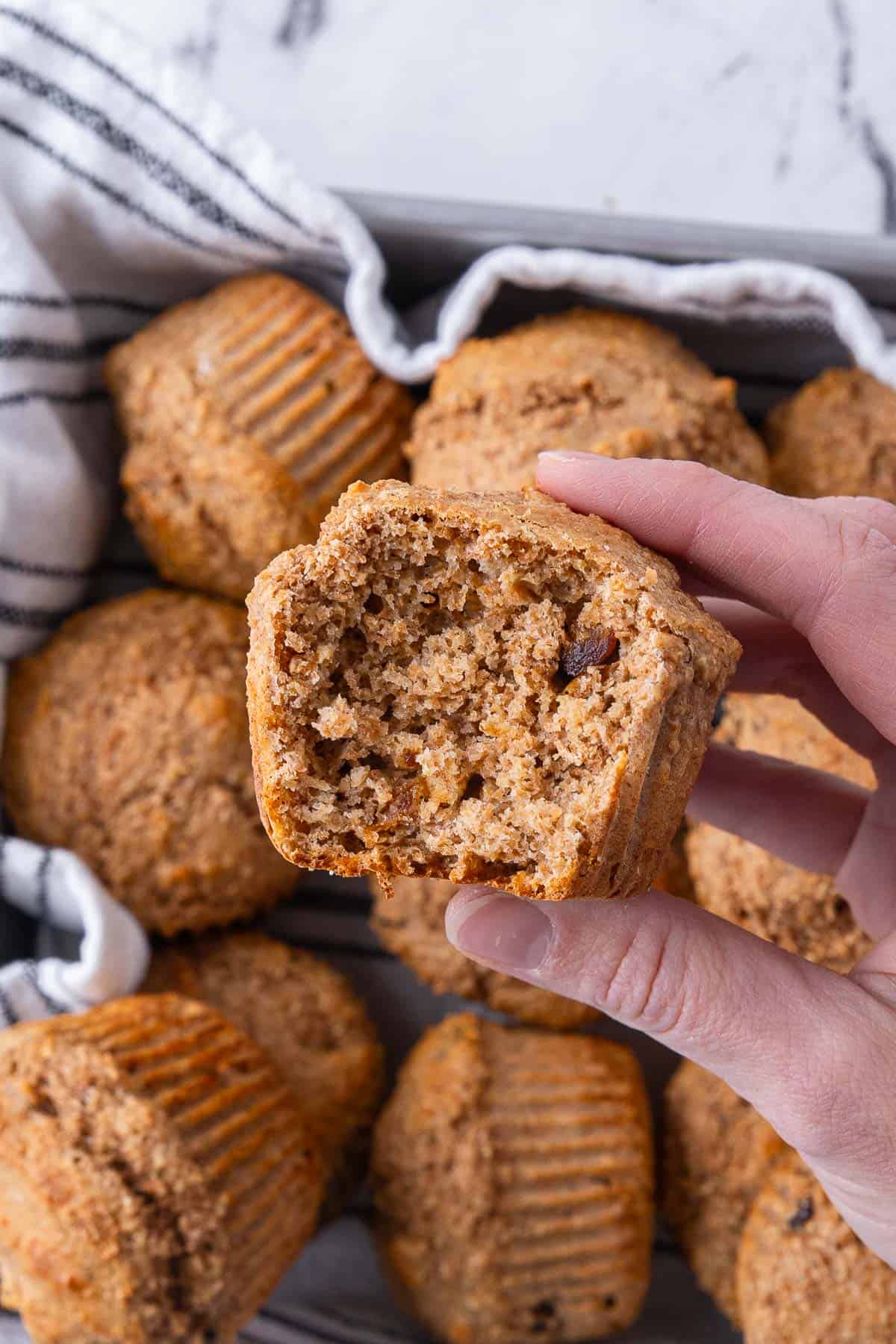 Hand holding a bran muffin over more muffins with a bite taken out to show inside texture.