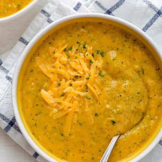 Healthy Broccoli and Cheese Soup in a brown bowl