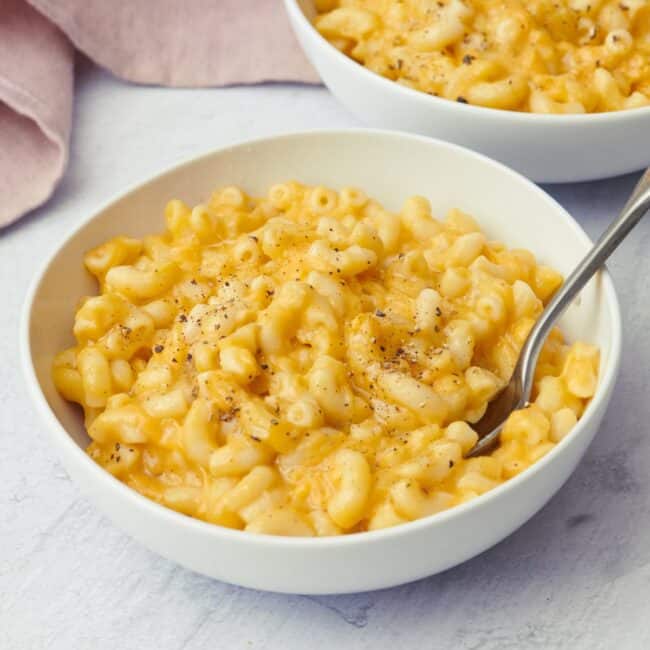 Butternut squash mac and cheese in a bowl.