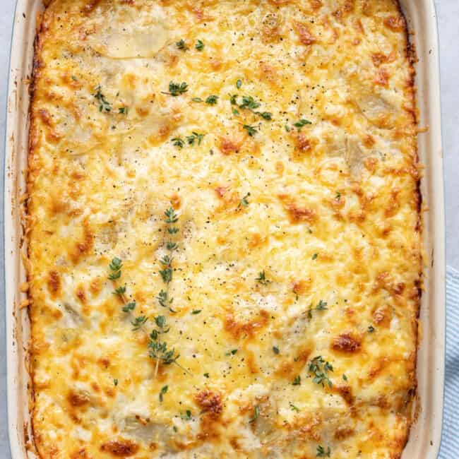 Cheesy scalloped potatoes made with gouda cheese