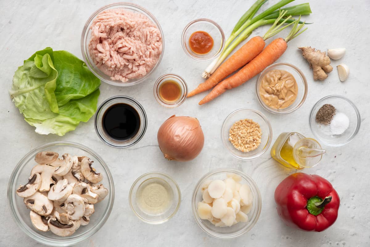 Vegetables to add to the chicken lettuce cups including celery, carrots, red peppers and mushrooms