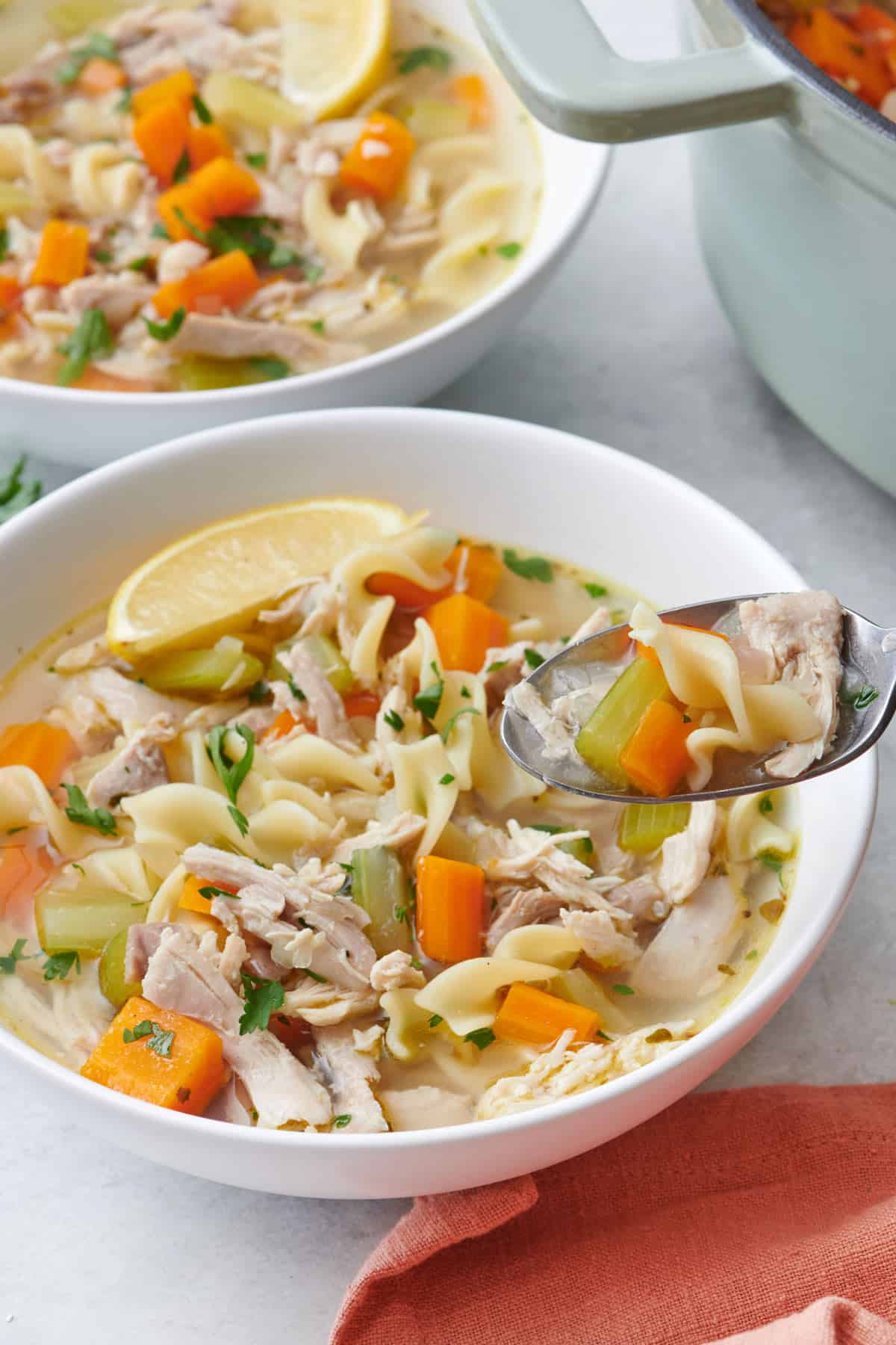 overhead shot of chicken noodle soup and ladle