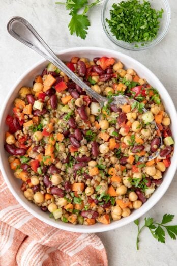 Chopped protein salad in a serving bowl with a spoon dipped in and a small dish of chopped parsley nearby.