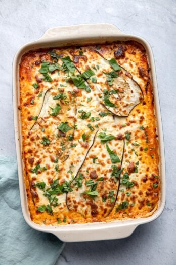 Eggplant lasagna in a large baking dish