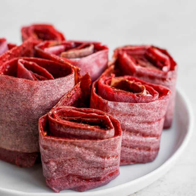 Close up of Fruit Leather Strips rolled up