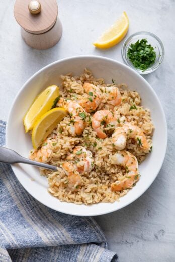 a close up of lemon herb shrimp stir fry