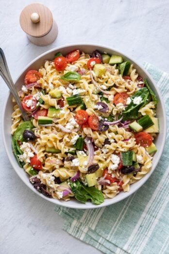 Mediterranean Pasta Salad in a white bowl