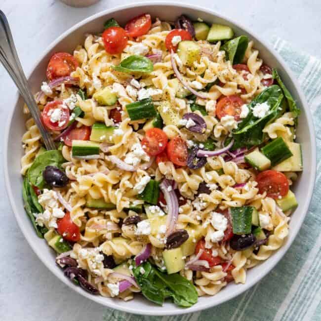 Mediterranean Pasta Salad in a white bowl