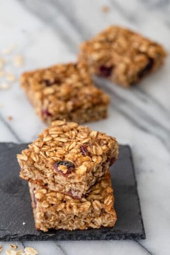 Two oatmeal breakfast bars piled on top of each other