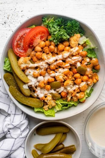 Chickpea Shawarma bowl with veggies, tahini sauce and pickles