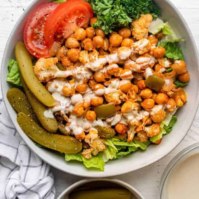 Chickpea Shawarma bowl with veggies, tahini sauce and pickles