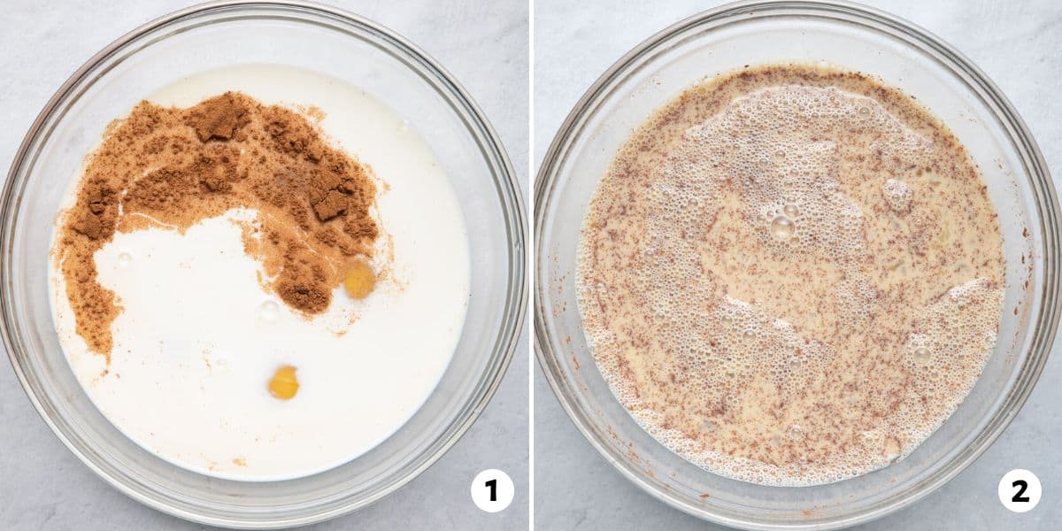 2 image collage of recipe mixture before and after being whisked together.