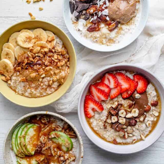 4 bowls of overnight steel cut oats with different toppings