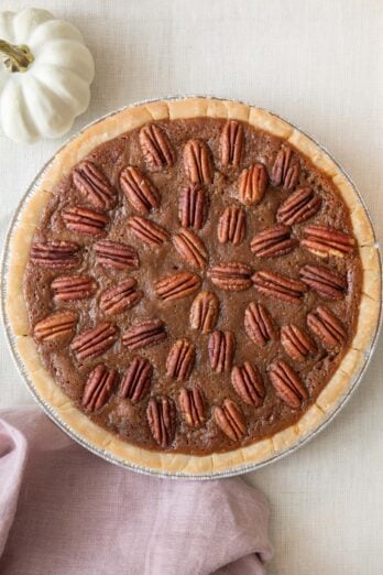 Overhead shot of whole pecan pie.