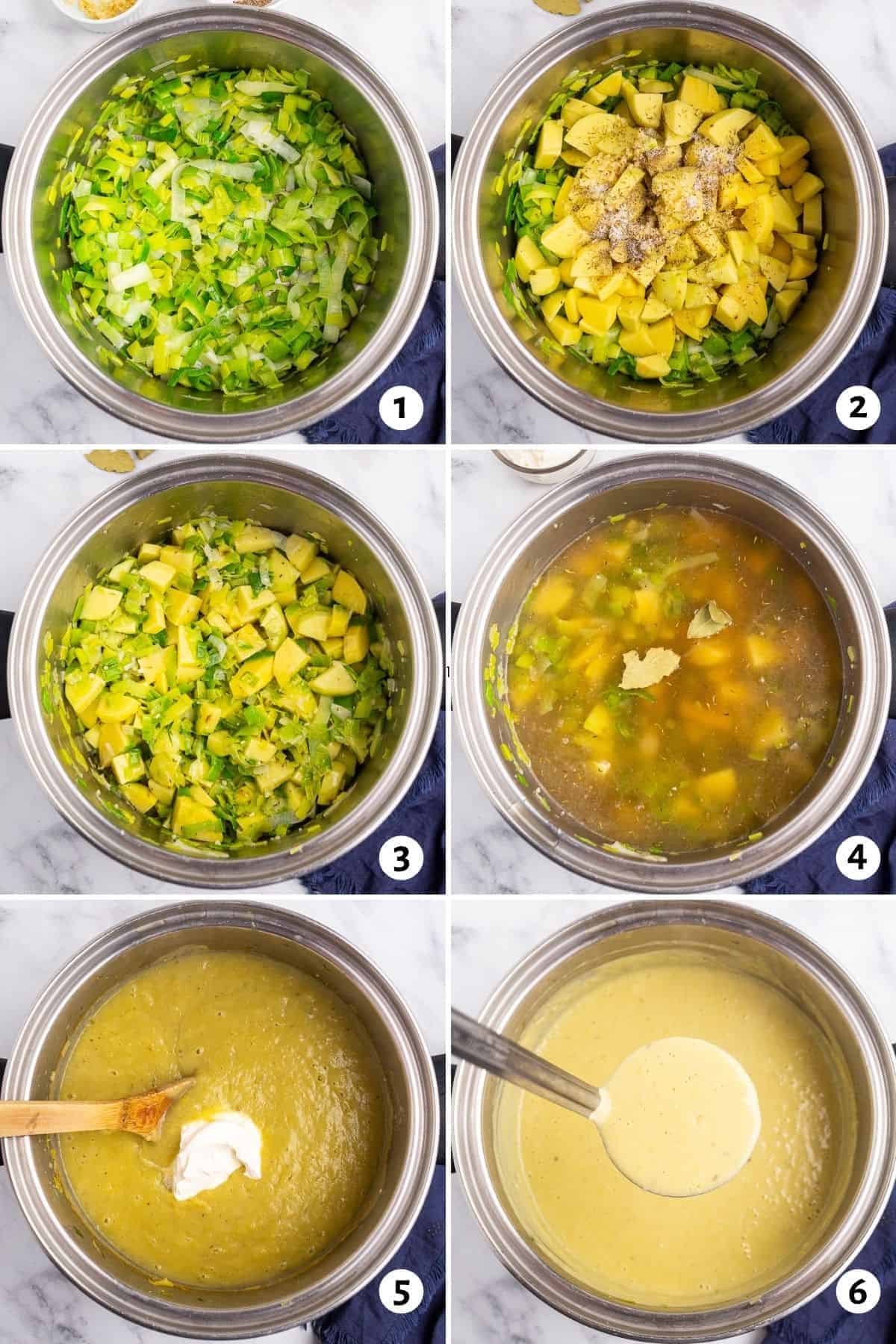 healthy potato leek soup in a white bowl next to a spoon