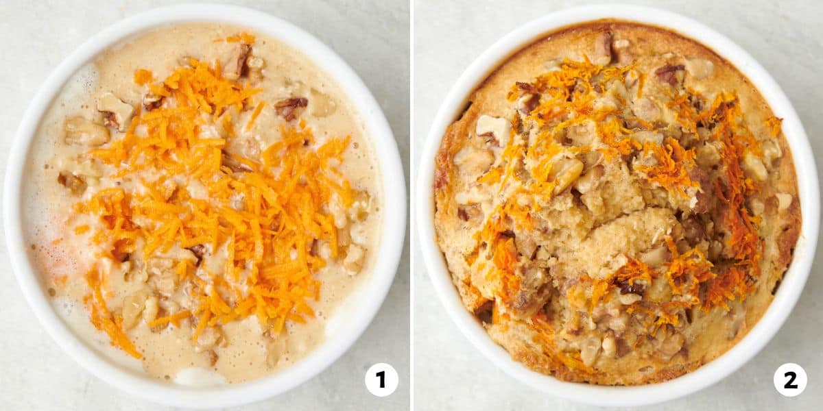 2 image collage showing carrot cake baked oats before and after baking