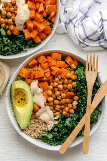 Quinoa buddha bowl made with chickpeas and sweet potatoes and topped with avocado