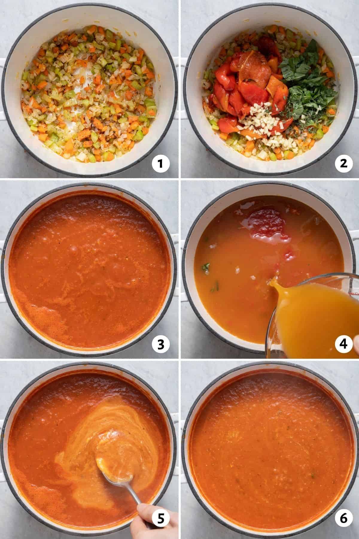 6 image collage to show how to make roasted red pepper soup in one pot