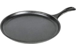 Round cast iron griddle with a red rubber handle.