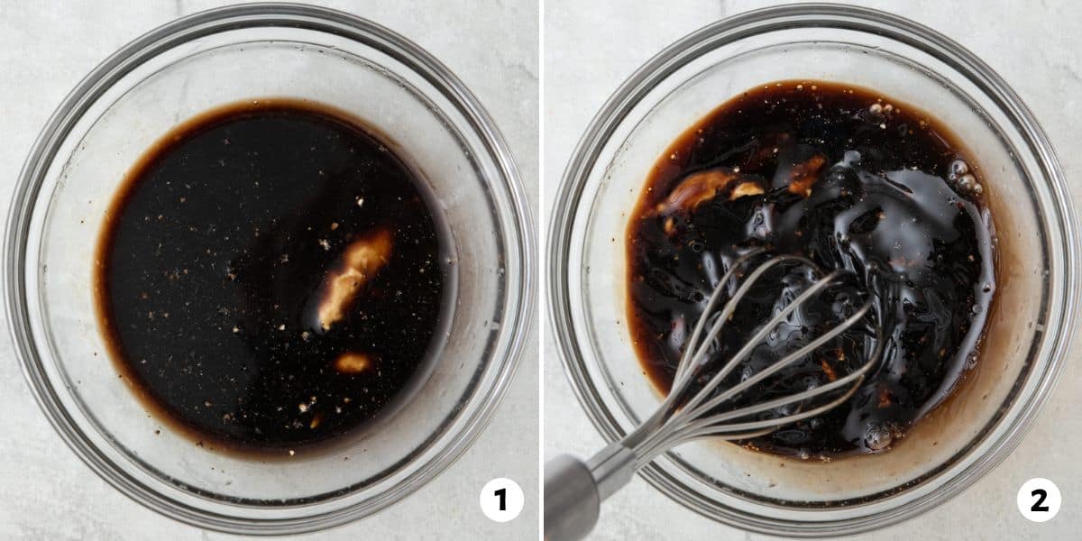 2 image collage of marinade ingredients in a bowl and then being whisked together.