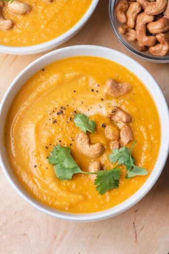 Sweet potato soup recipe topped with cashews