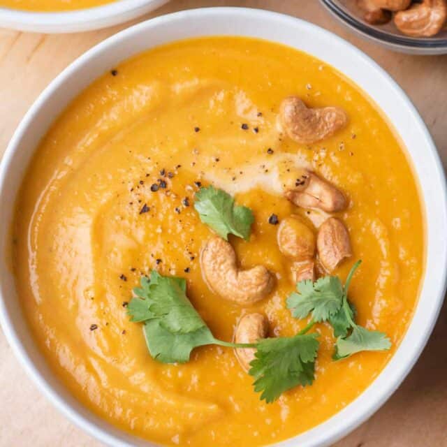 Sweet potato soup recipe topped with cashews