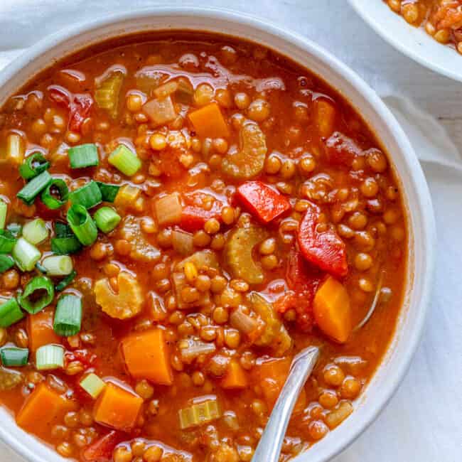 Bowl of tomato lentil soup garnished with green onions.