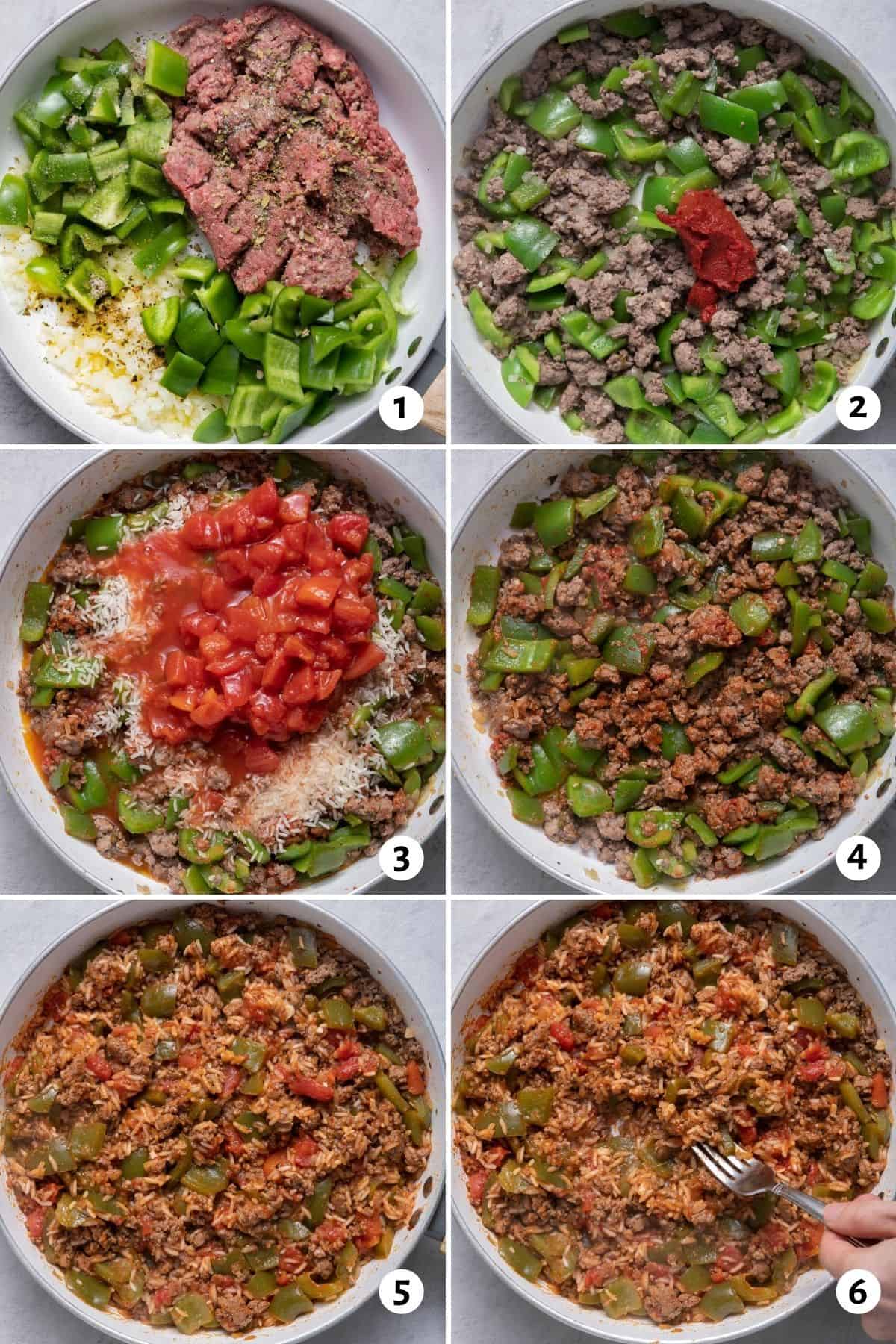 6 image collage to show how to make the recipe in one pot