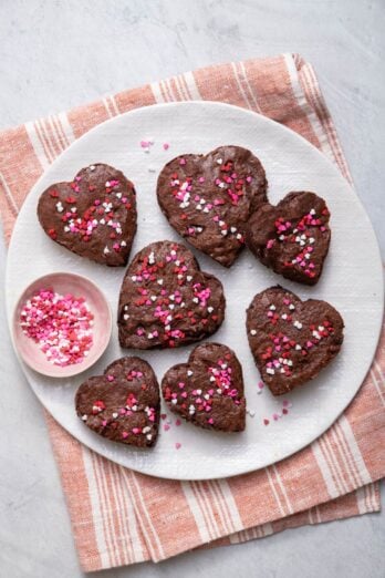 Plate of heart shaped fudgy brownies for Valentine's Day