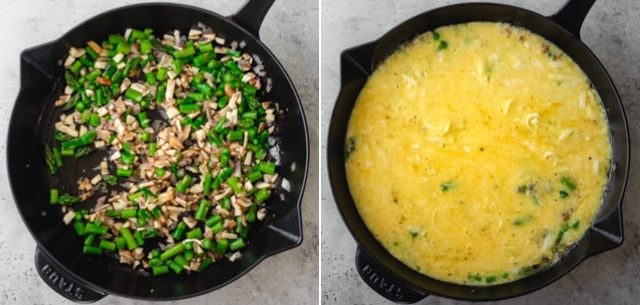 Collage showing cast iron pan with vegetables sauteed and then the egg mixture added on top