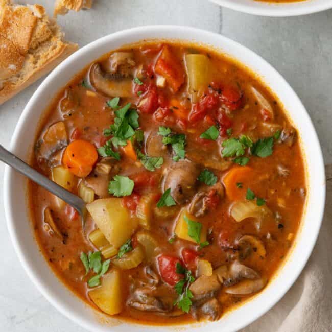 Bowl of Vegetable stew with spoon dipped in, garnished with parsley, and another bowl and bread nearby.