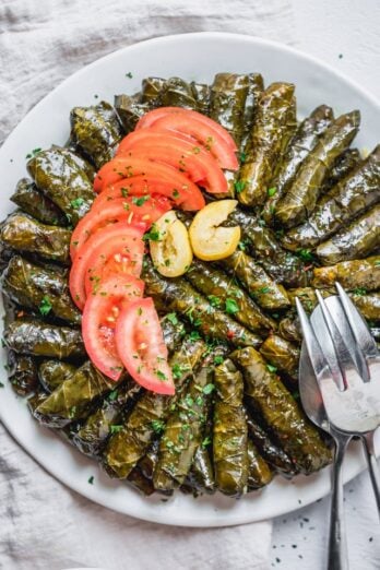 overhead shot Vegetarian Stuffed Grape Leaves