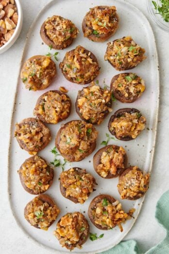 Small round dish of vegetarian stuffed mushrooms