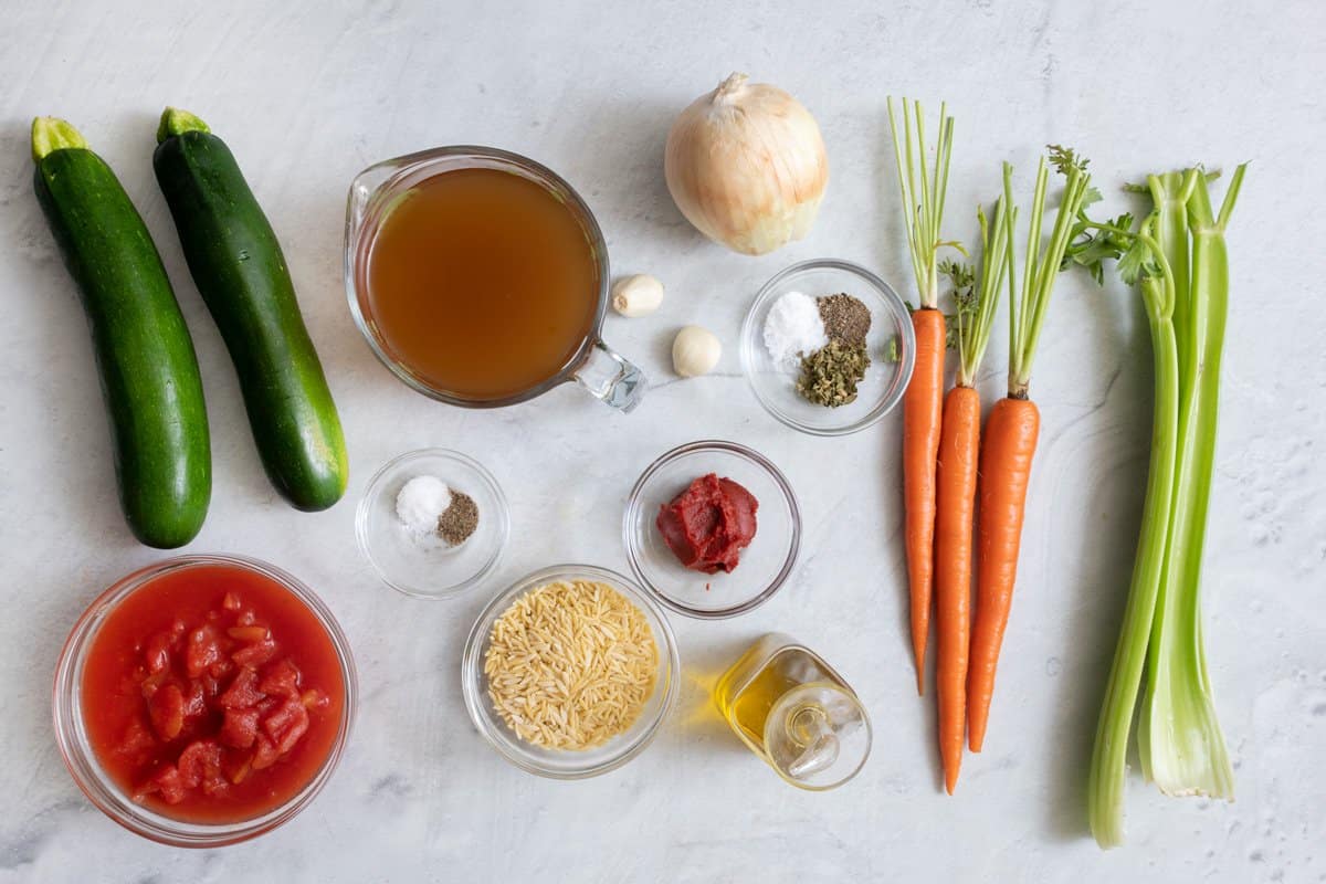 Ingredients for soup recipe before being prepped.