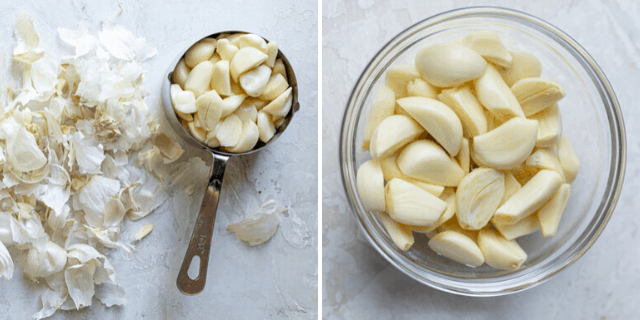 Peeling the garlic cloves and removing the green spouts