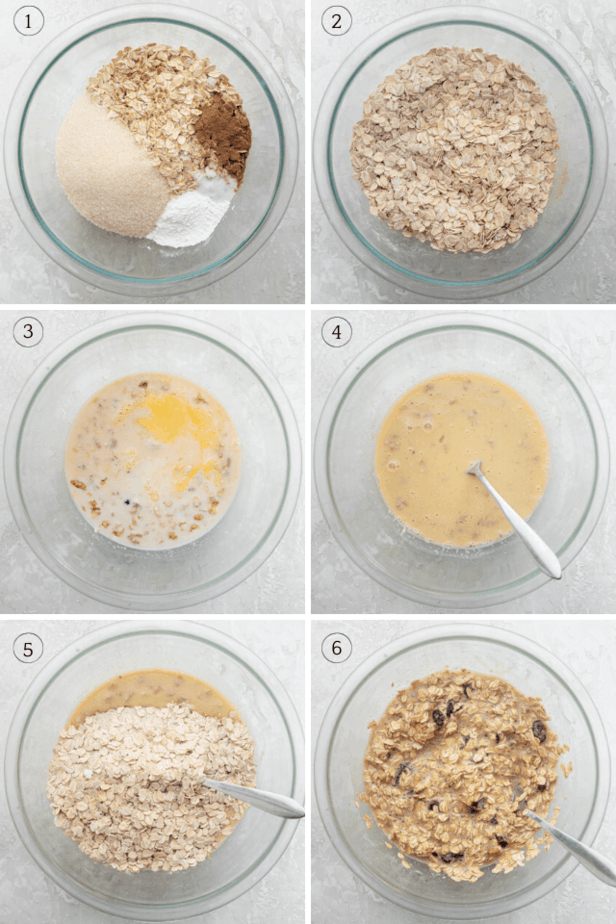 Process shots showing how to make the recipe by mixing the dry ingredients, the wet ingredients and then both together